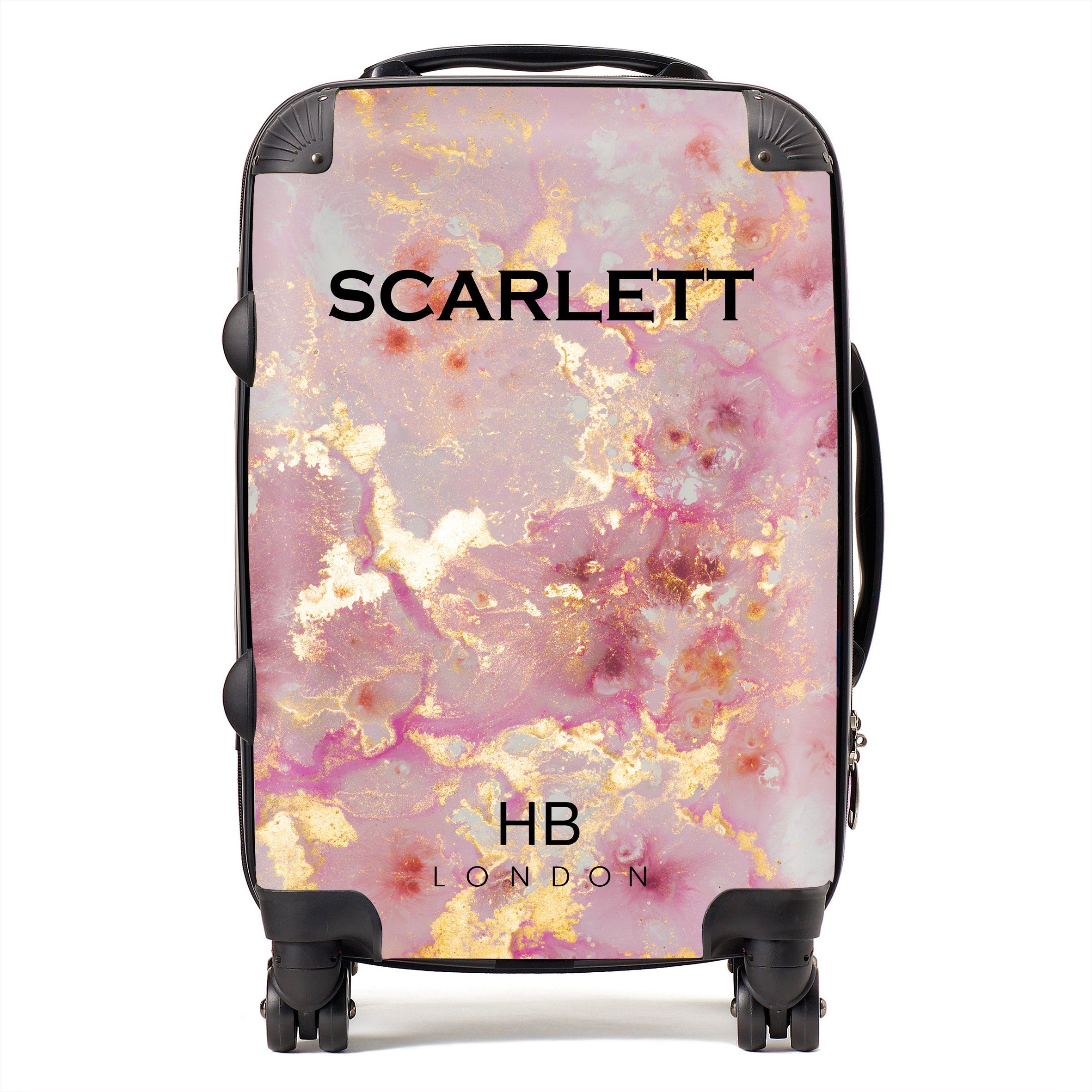 Personalised Pink and Gold Marble with Black Font Initial Suitcase