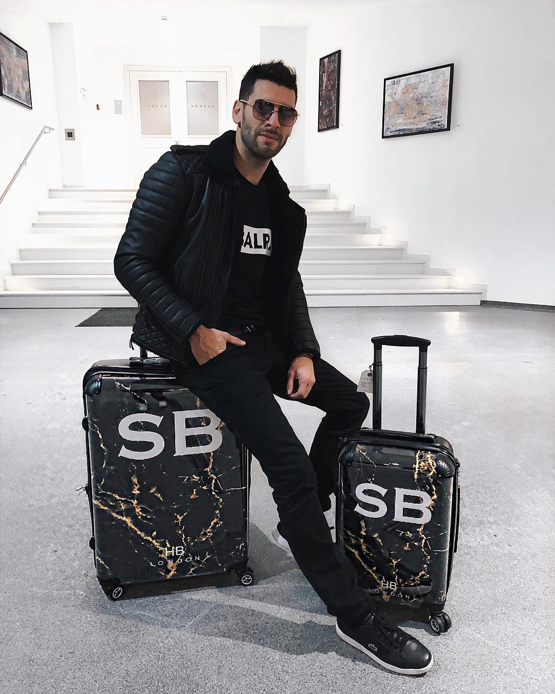 Personalised Black and Gold Marble Initial Suitcase