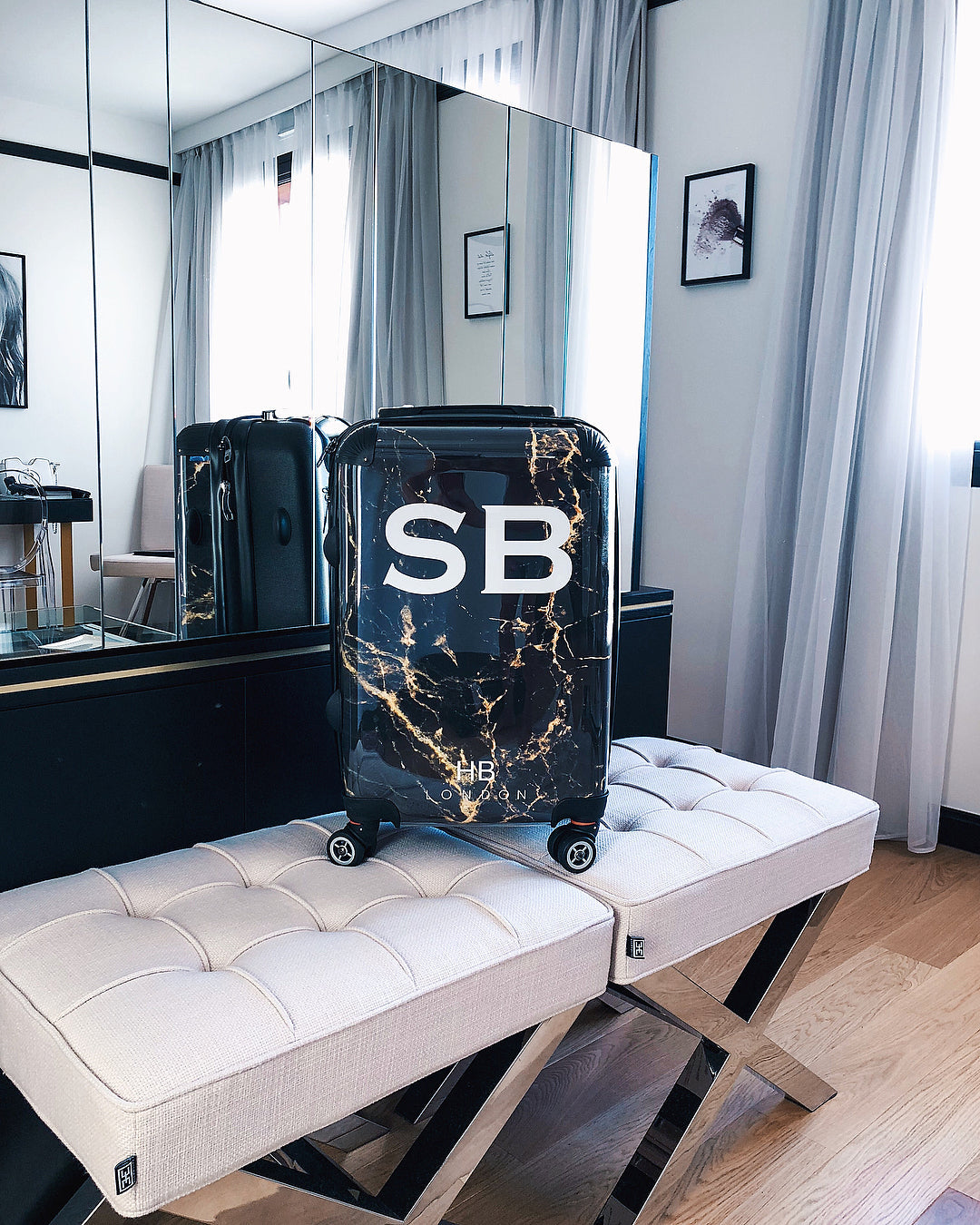 Personalised Black and Gold Marble Initial Suitcase
